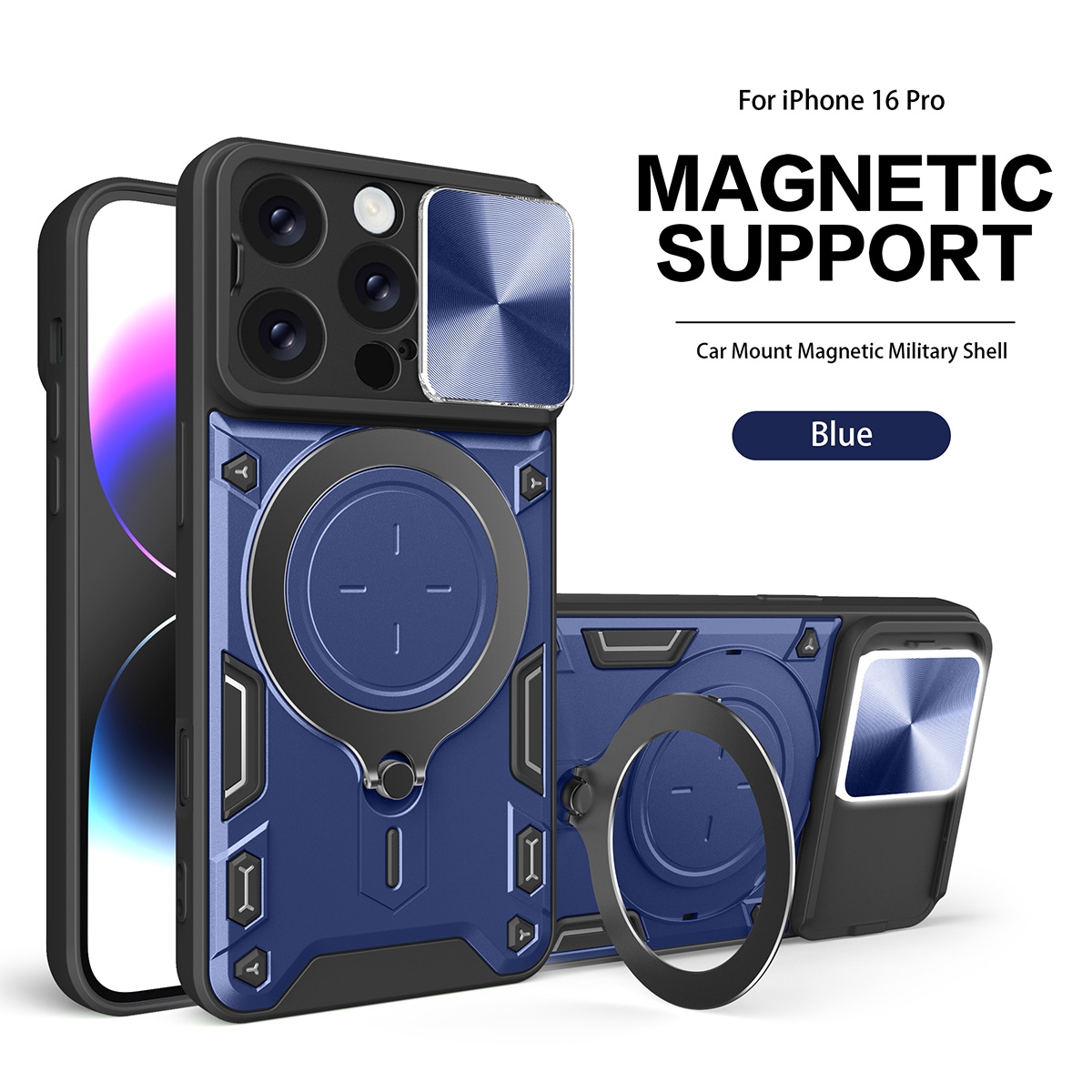 2 in 1 Protect Case with Wireless Charging and Camera Protector for iPhone 16 Pro- Blue