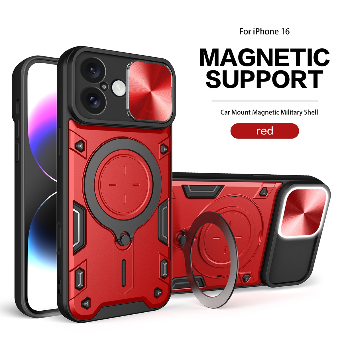 2 in 1 Protect Case with Wireless Charging and Camera Protector for iPhone 16- Red