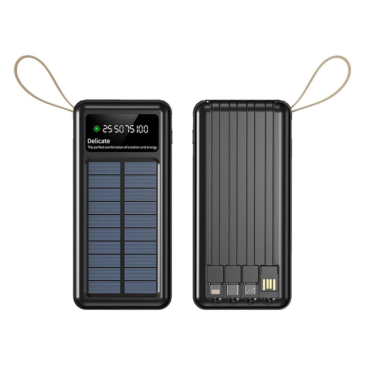 Solar Energy Power Bank with 4 Fast Charging Cables 10000mAh - Black