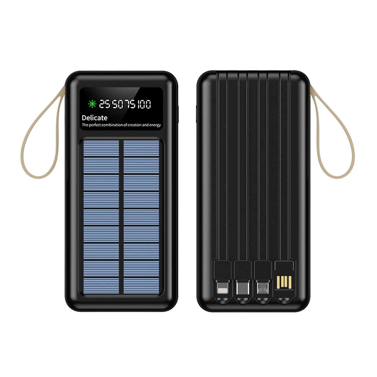 Solar Energy Power Bank with 4 Fast Charging Cables 20000mAh - Black