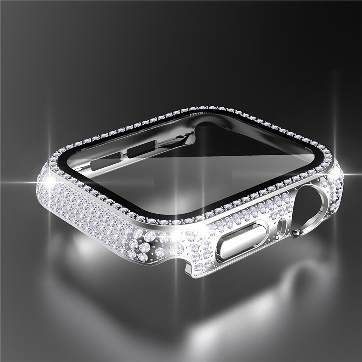 PC Case with Diamonds and Tempered Glass for Apple iWatch 45mm - Black