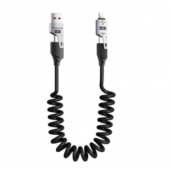  Coiled Lightning Cable 4 in 1 Multi Charging Cable, 65W 3ft USB C Fast Charging Retractable Charger Cord with Type C/Lightning/USB A Port for Phone/Pad/CarPlay -Black