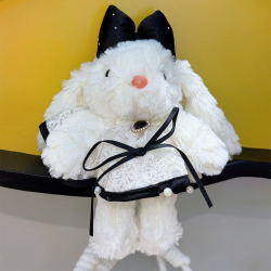  Elegant Navy Plush Bunny Keychain - Cute Lace & Pearl Accessory