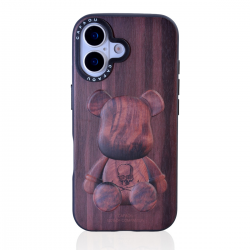  iPhone 16 Bear Case, Wood Grain Engraved TPU + PC Cover