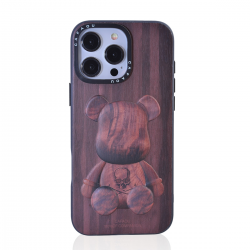  iPhone 16 Pro Bear Case,  Wood Grain Engraved TPU + PC Cover