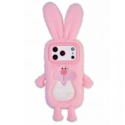  iPhone 17 Pro Max Plush Rabbit Case – Soft Furry Bucktooth Bunny Cover Pink