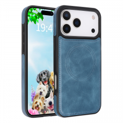  iPhone 17 Pro Max Magnetic Case – Vegan Leather Shockproof MagSafe Cover Blue