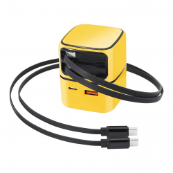 35W GaN Charger Yellow with Retractable Cables, Dual Fast Charging Adapter for Travel
