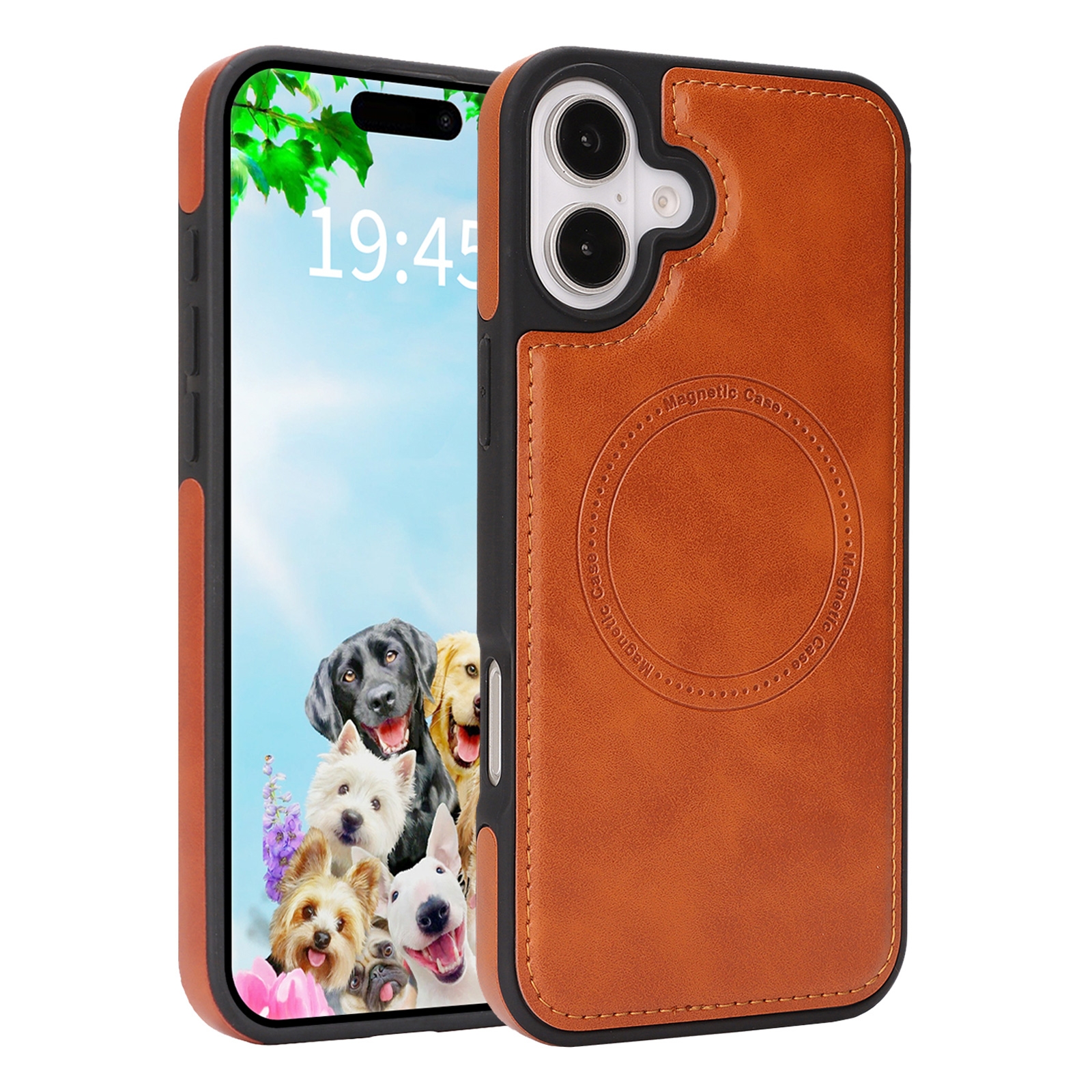 iPhone 17 Magnetic Case Light Brown Vegan Leather Shockproof Cover