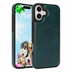 iPhone 17 Magnetic Case Dark Green Vegan Leather Shockproof Cover
