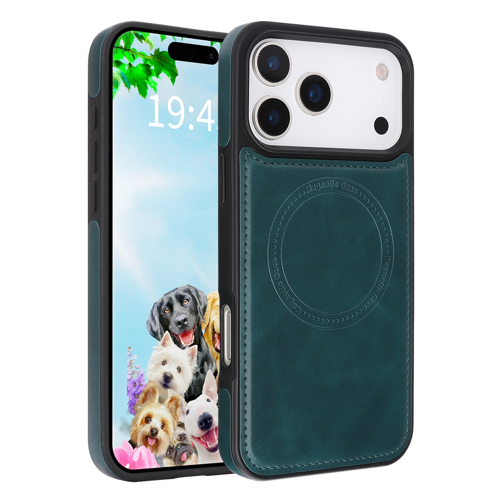 iPhone 17 Pro Max Magnetic Case Dark Green Vegan Leather Shockproof Cover
