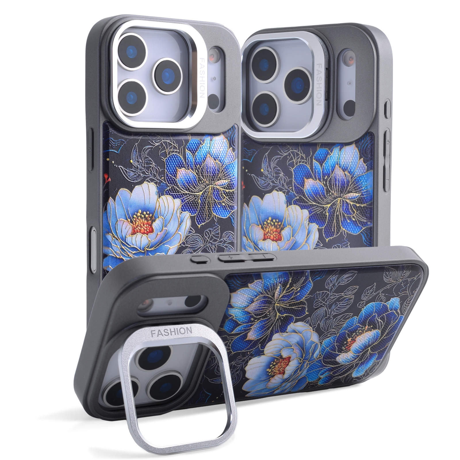 iPhone17 Pro Blue Background Gilded Floral Magnetic Case, Blue