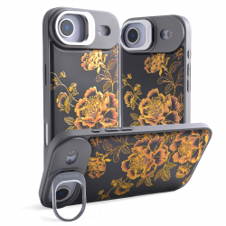  iPhone17 Air Black Background Gilded Peony Magnetic Case, Gold