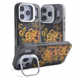  iPhone17 Pro Max Black Background Gilded Peony Magnetic Case, Gold