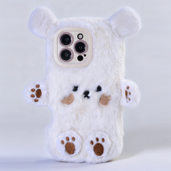 White Plush Silicone Bear Phone Case for iPhone 16 Pro – Soft Furry Cute Protective Cover cute plush bear phone case iPhone 16 Pro