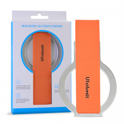 Magnetic Foldable Phone Stand with Finger Holder, Orange - Silver phone stand with finger holder