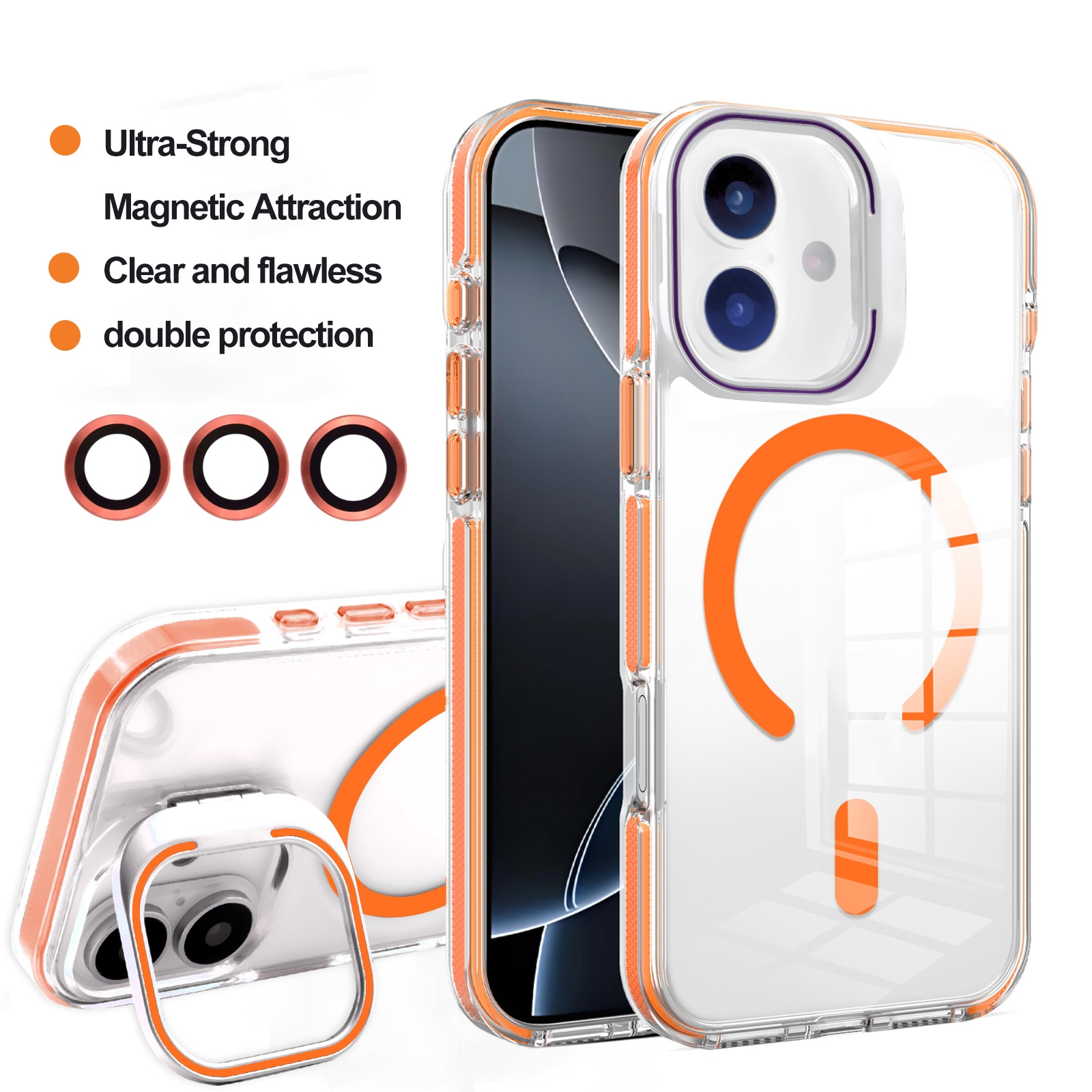 Orange iPhone 17 Pro Max case with foldable kickstand