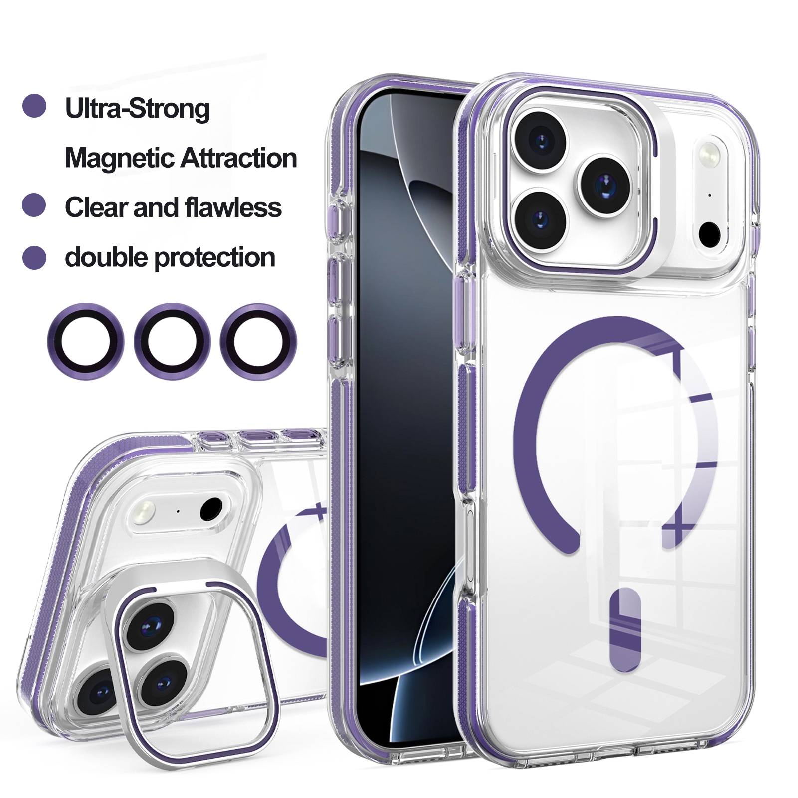 Foldable Stand iPhone 17 Pro Max Purple Case - Magnetic & External Lens Protection