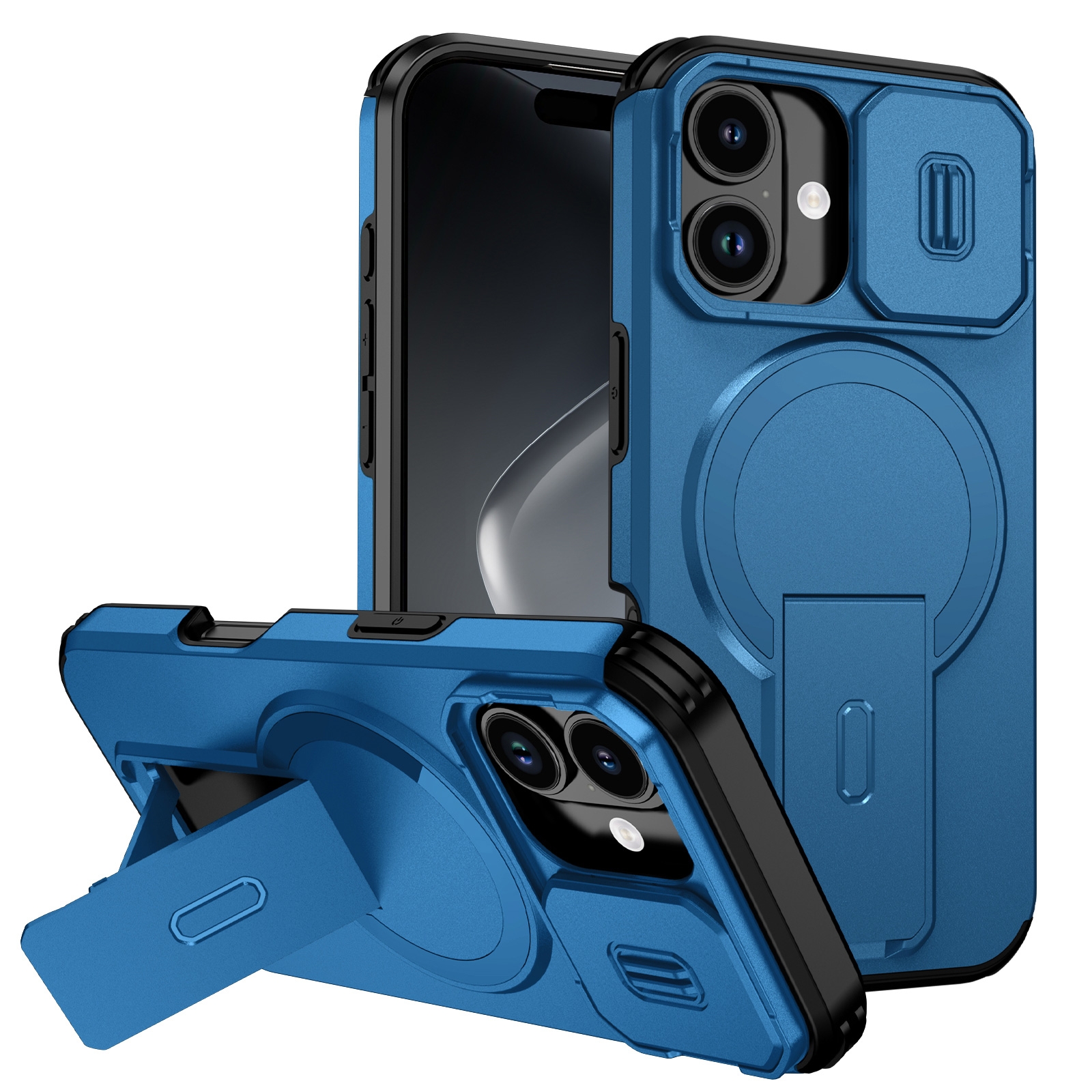 iPhone 17 Hidden Kickstand Armor Design Protective Case, Dark Blue