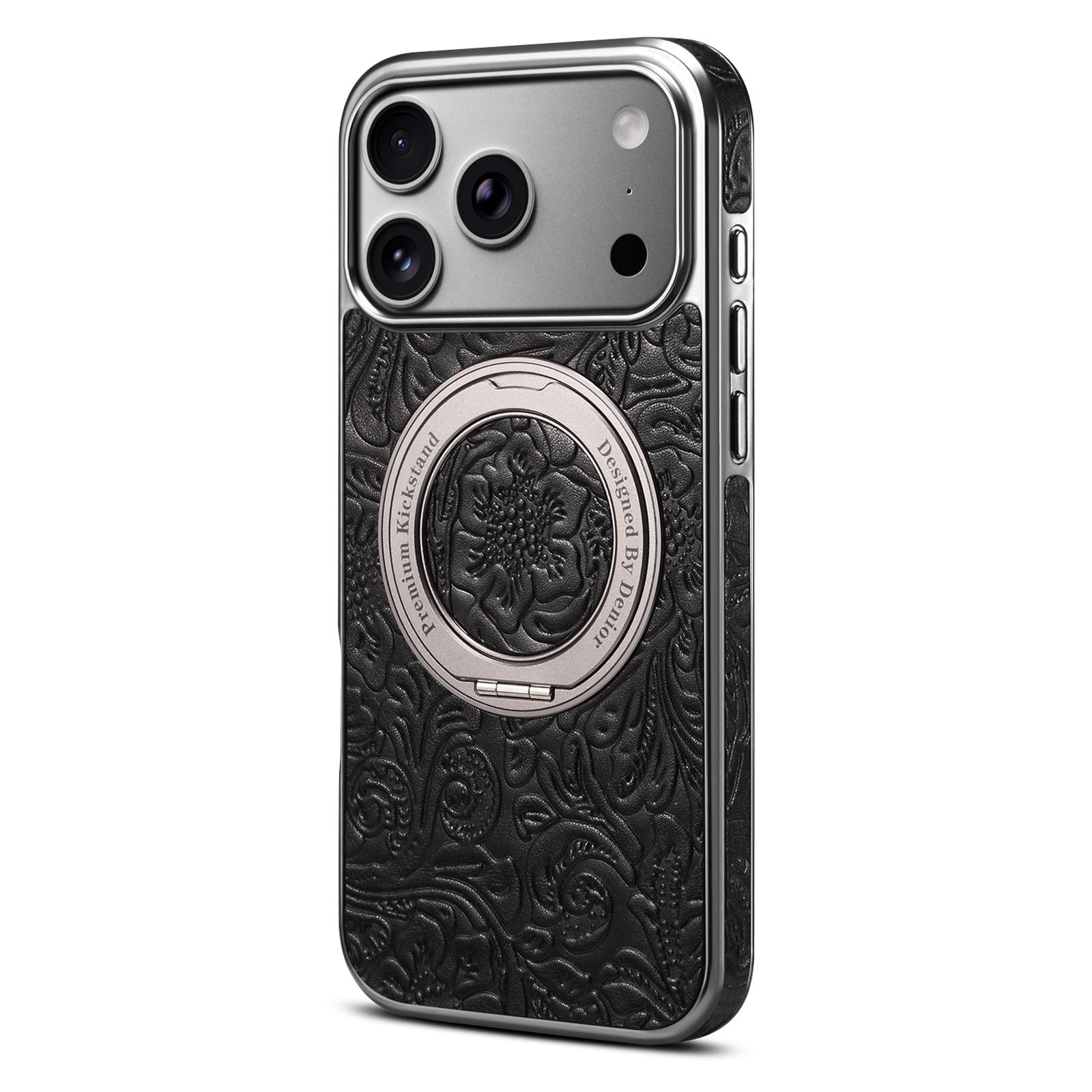 Retro Tang-style Flower 360 Rotating Gear Kickstand Electroplated Case for iPhone 17ProMax, Black