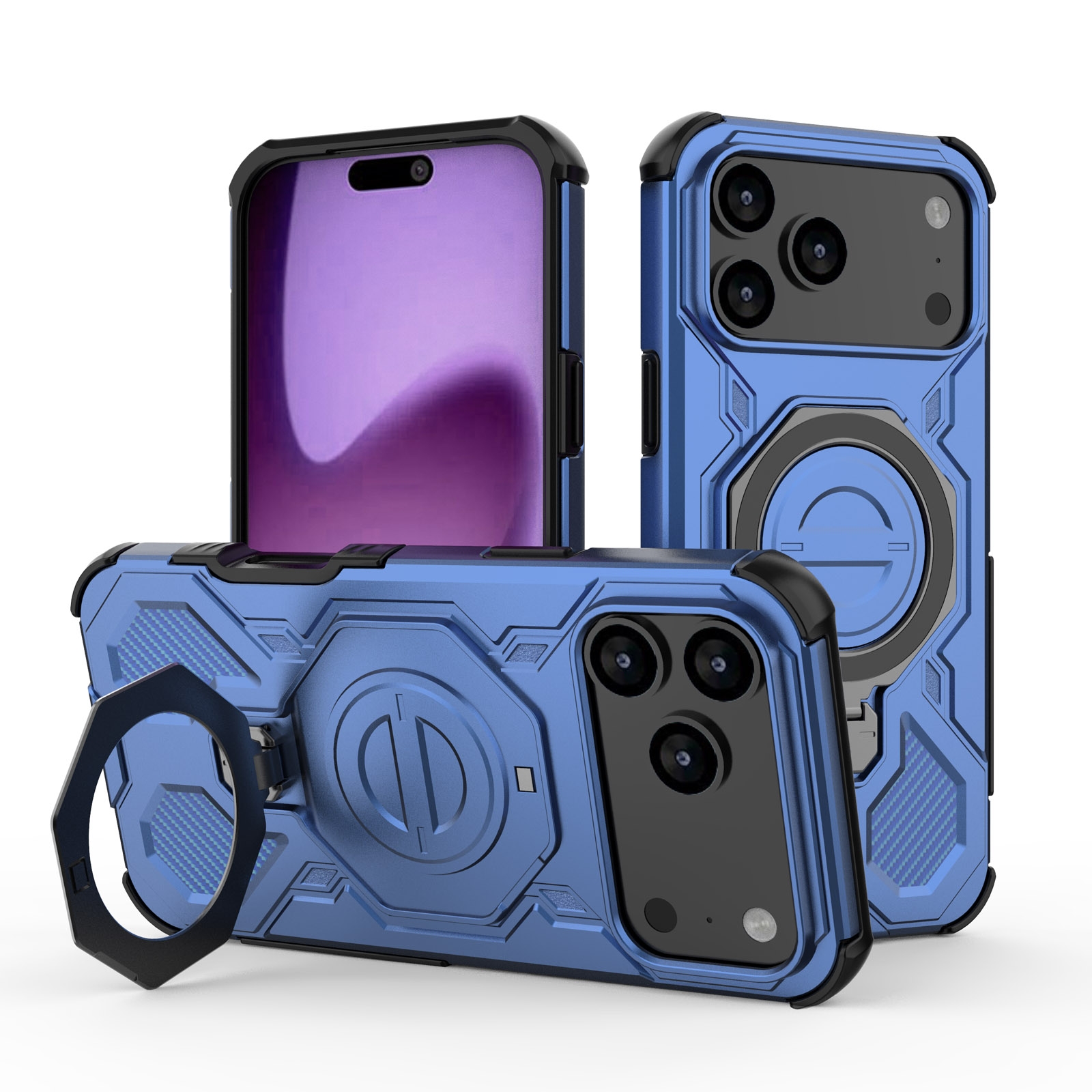 360 Rotation Kickstand Magnetic iPhone 17 Pro Max Case - Airbag Shockproof Metal Stand, Blue