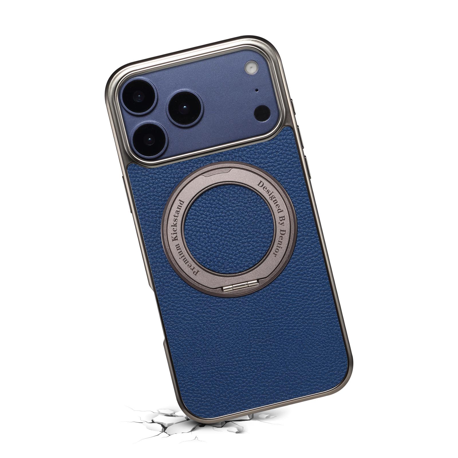 Lychee Texture 360 Rotating Gear Kickstand Electroplated Case for iPhone 17 Pro, Blue