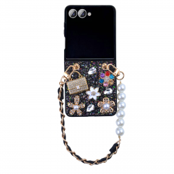 Glitter Rhinestone Case for Z Flip7 with Pearl Leather Chain Strap, Black Glitter Rhinestone Case for Z Flip7 with Pearl Leather Chain Strap, Black
