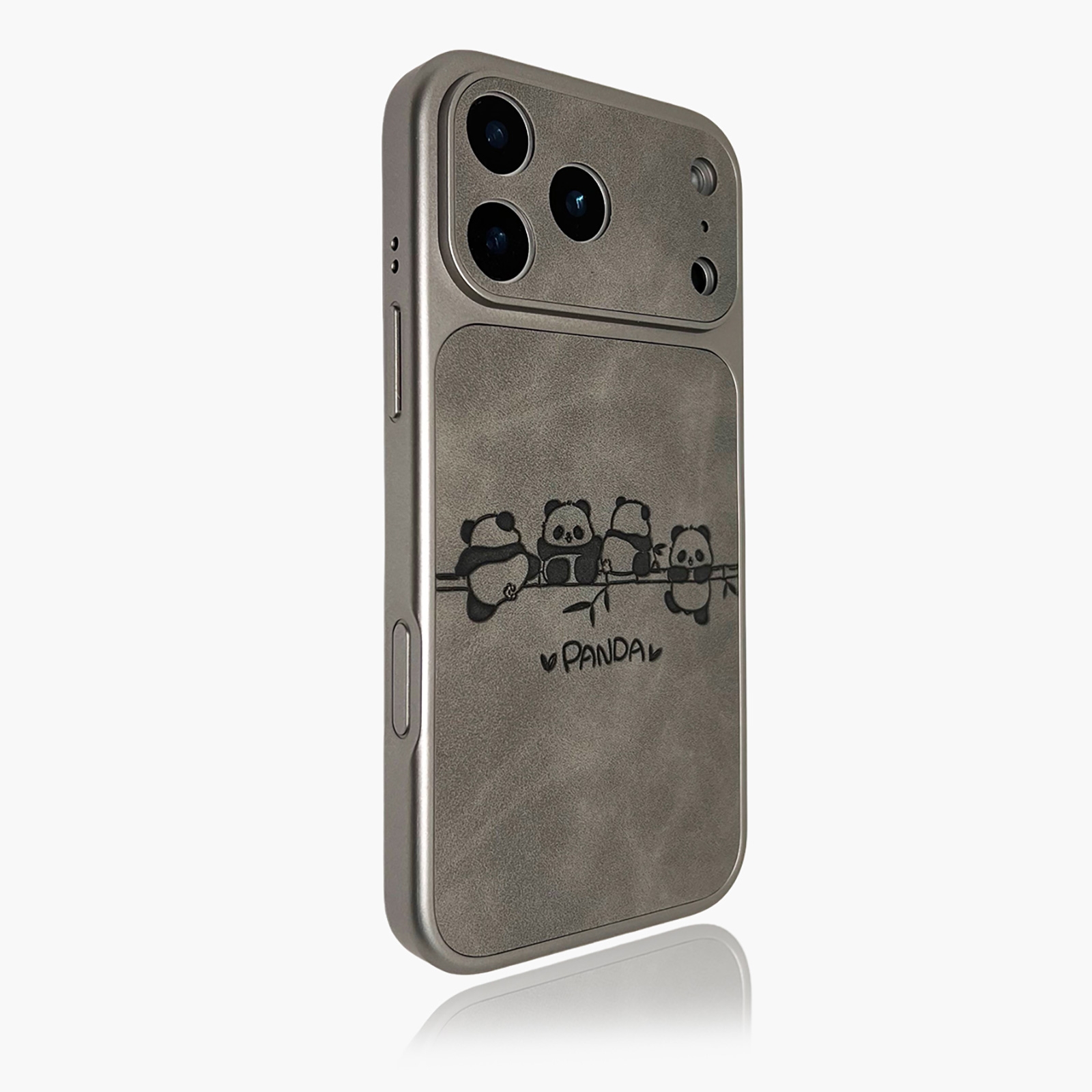 Cute Panda Leather Pattern Back iPhone 17 Pro Max Case - TPU Shockproof Phone Cover, Gray