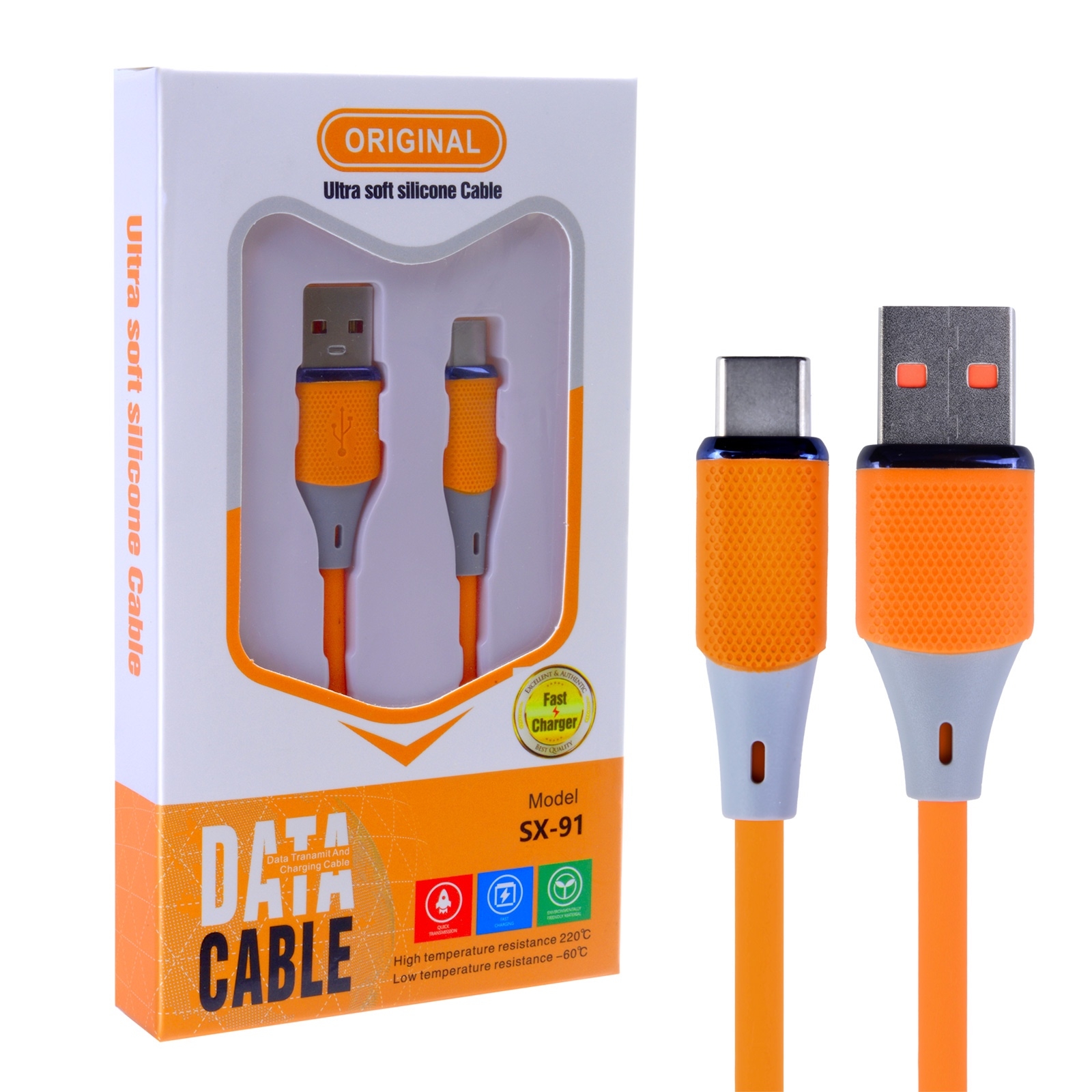 Silicone USB A- USB C Fast Charging Cable - Orange