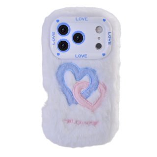 White Plush Silicone Double Heart Phone Case for iPhone 17 Pro Max – Soft Furry Cute Protective Cover