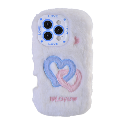  White Plush Silicone Double Heart Phone Case for iPhone 16 Pro Max – Soft Furry Cute Protective Cover