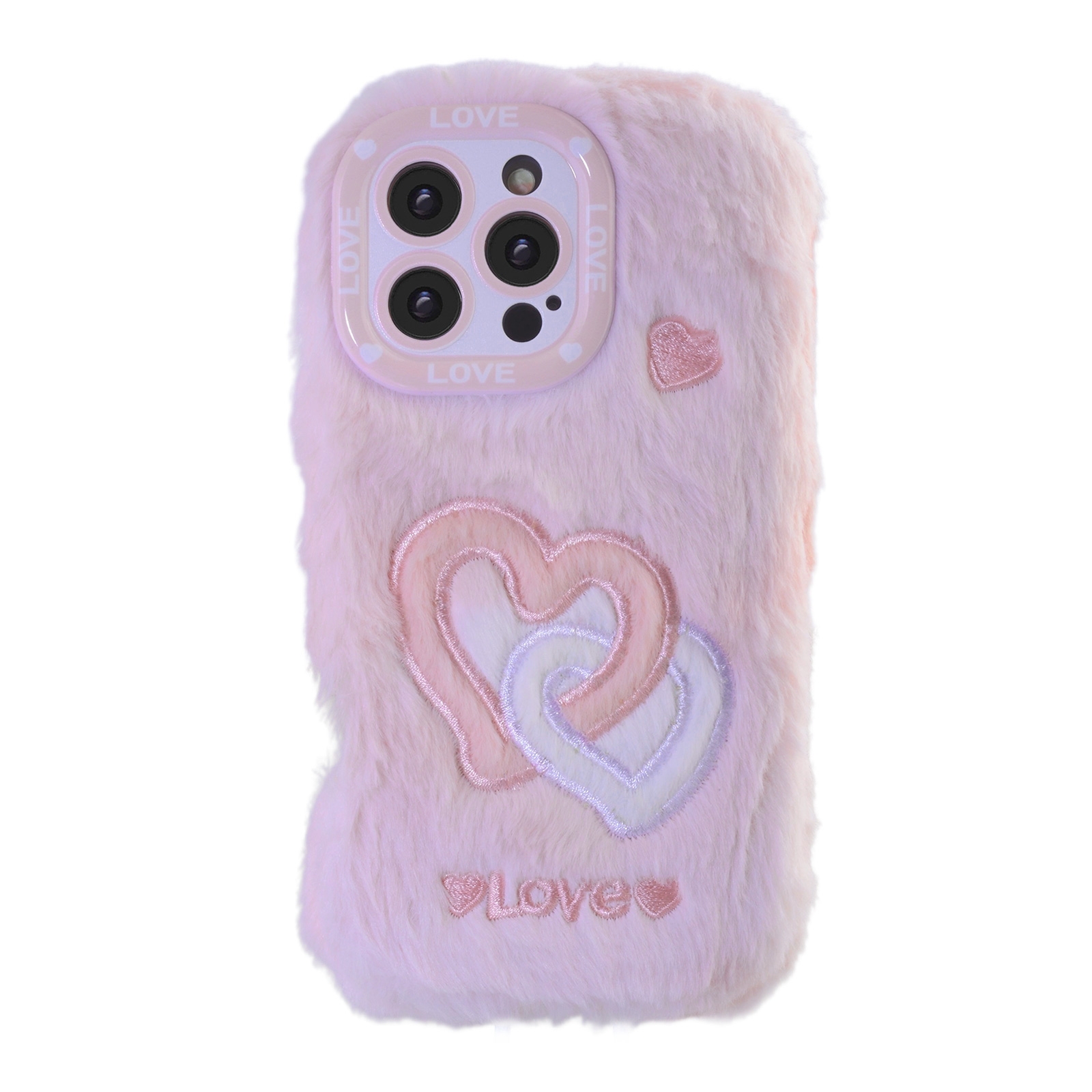 Pink Plush Silicone Double Heart Phone Case for iPhone 16 Pro – Soft Furry Cute Protective Cover