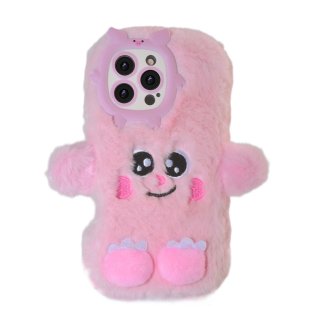 Pink Plush Silicone Monster Phone Case for iPhone 16 Pro – Soft Furry Cute Protective Cover