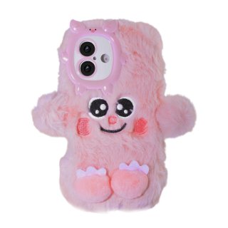 Pink Plush Silicone Monster Phone Case for iPhone 16 – Soft Furry Cute Protective Cover