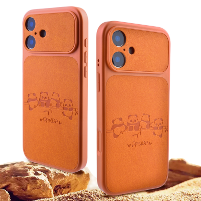  Cute Panda Leather Pattern Back iPhone 17 Case - TPU Shockproof Phone Cover, Orange