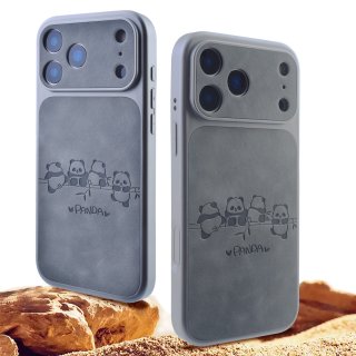  Cute Panda Leather Pattern Back iPhone 17 Pro Max Case - TPU Shockproof Phone Cover, Gray