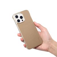  Lychee Pattern Genuine Cowhide Leather Frameless Magnetic Case for iPhone 16 Pro, Khaki