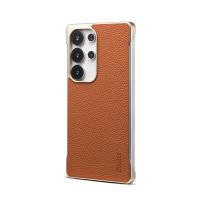  Lychee Pattern Genuine Cowhide Leather Frameless Magnetic Case for Samsung Galaxy S25 Ultra, Brown