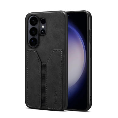  Retro Faux Leather Texture Case with Card Holder for S26 Ultra, Black