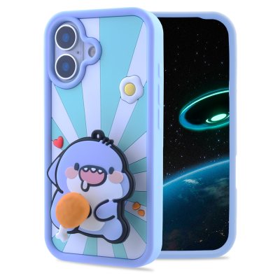  3D Fat Shark with Chicken Drumstick for iPhone 17 - Soft Silicone cover with Rotatable Kickstand, Light Blue