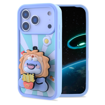  3D Fat Shark with Lion Hat Case for iPhone 17 Pro - Soft Silicone cover with Rotatable Kickstand, Light Blue