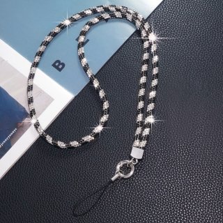  Premium Full Rhinestone Lanyard - 0.6cm Diameter Phone Neck Strap, Black - White