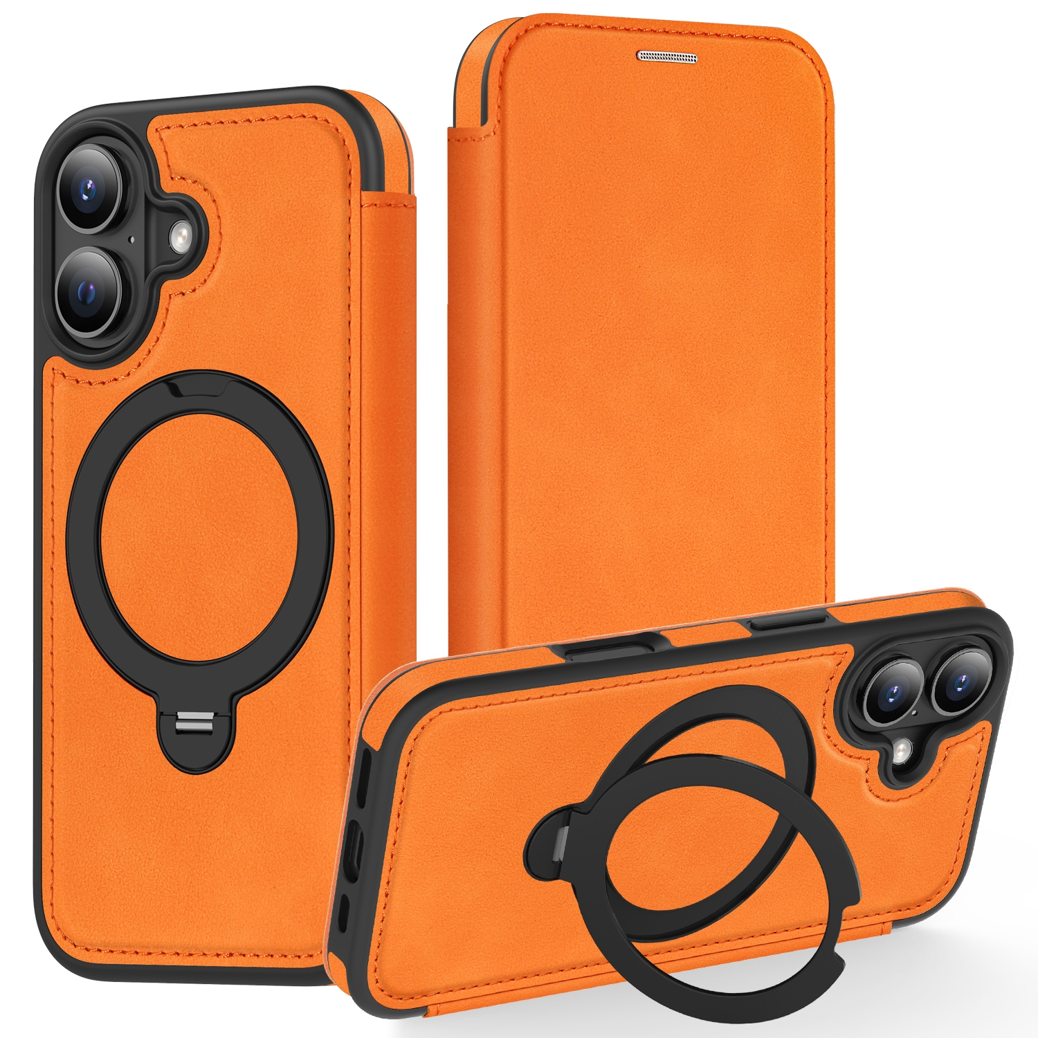 360° Rotating Stand iPhone 17 Case - Magnetic Wireless Charging PU Cover, Orange