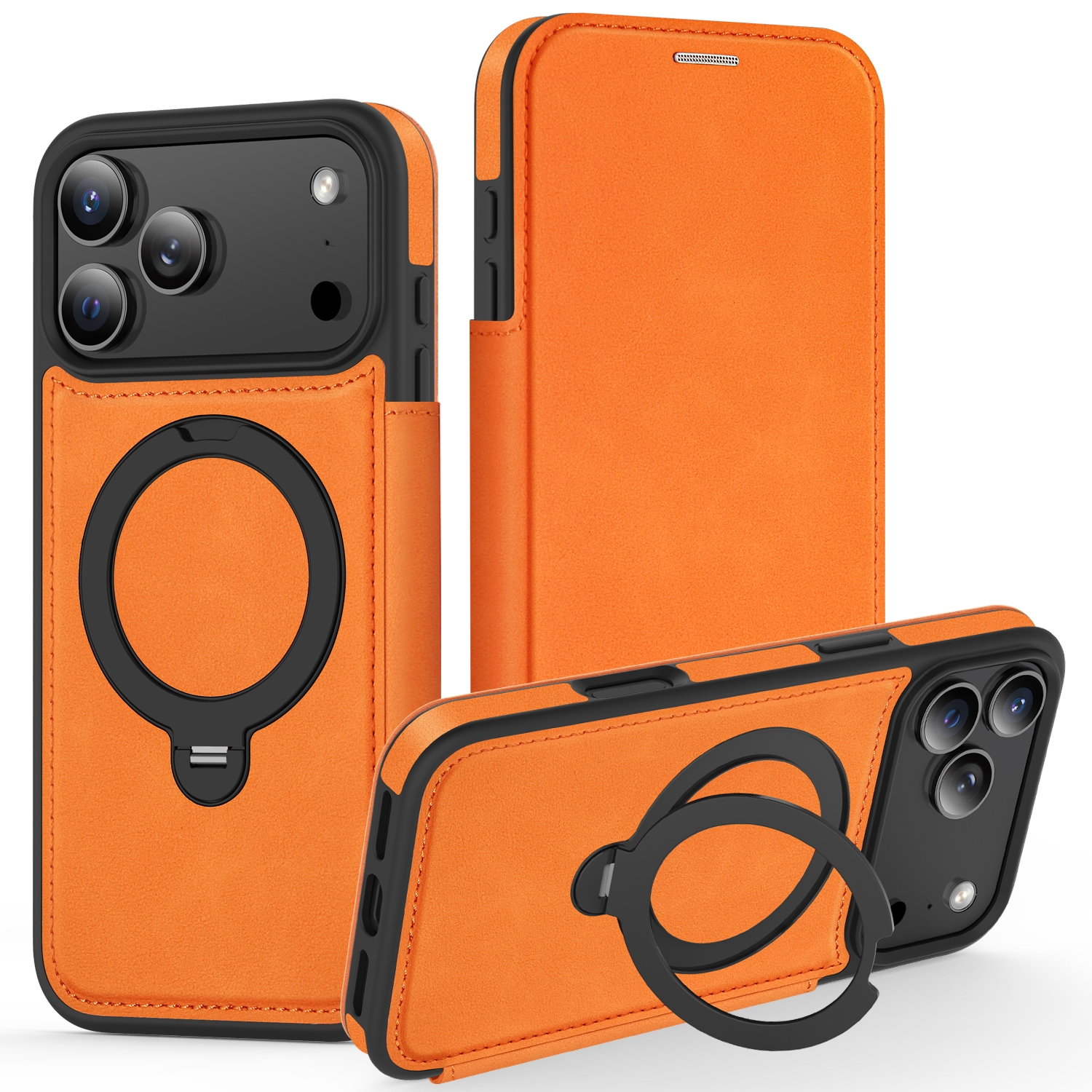 360° Rotating Stand iPhone 17 Pro Max Case - Magnetic Wireless Charging PU Cover, Orange