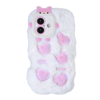 White Plush Silicone Phone Case with Five Hearts for iPhone 17 – Soft Cute Protective Cover