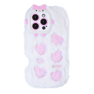 White Plush Silicone Phone Case with Five Hearts for iPhone 16 Pro Max – Soft Cute Protective Cover