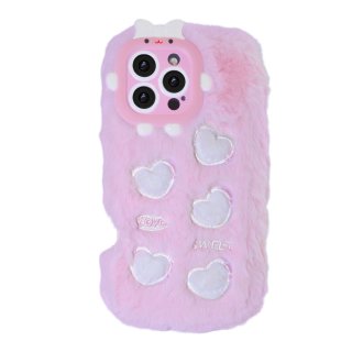 Pink Plush Silicone Phone Case with Five Hearts for iPhone 17 – Soft Furry Cute Protective Cover