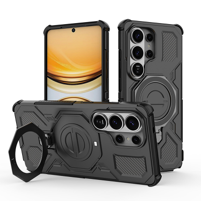  360 Rotation Kickstand Magnetic S26 Ultra Case - Airbag Shockproof Metal Stand, Black