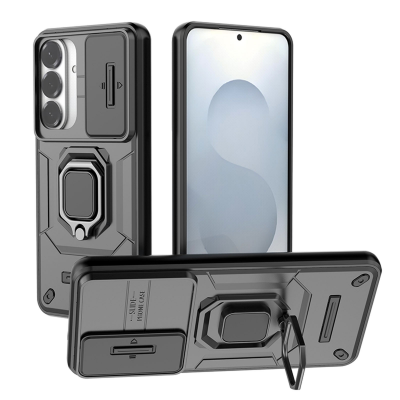  Phone Case for S26 Plus with Sliding Lens Cover & Foldable Ring Holder, Black