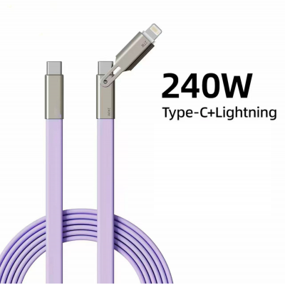  240W 2-in-1 Charging Cable  for iPhone and USB-C Devices - 1.2m Silicone Data Cable, Purple